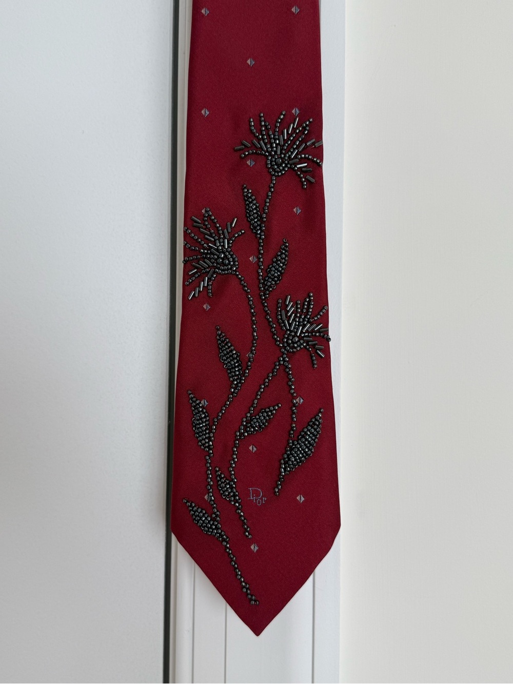 Dior Burgundy Hand Beaded Silk Blend Tie - Picture 8 of 9